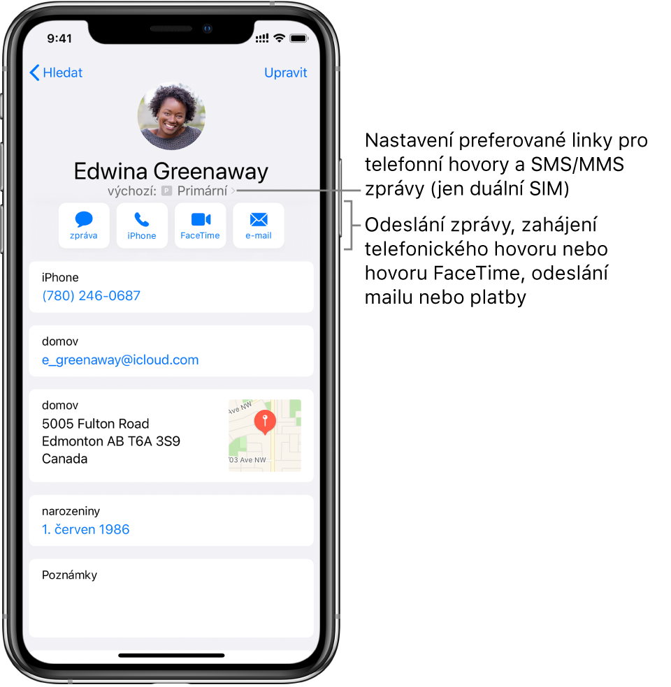 Informační obrazovka kontaktu. Nahoře se zobrazuje fotka a jméno kontaktu. Pod ním se nacházejí tlačítka pro zaslání zprávy, zahájení telefonního hovoru, zahájení hovoru FaceTime, zaslání e-mailové zprávy a poslání peněz přes Apple Pay. Pod tlačítky jsou uvedeny kontaktní údaje