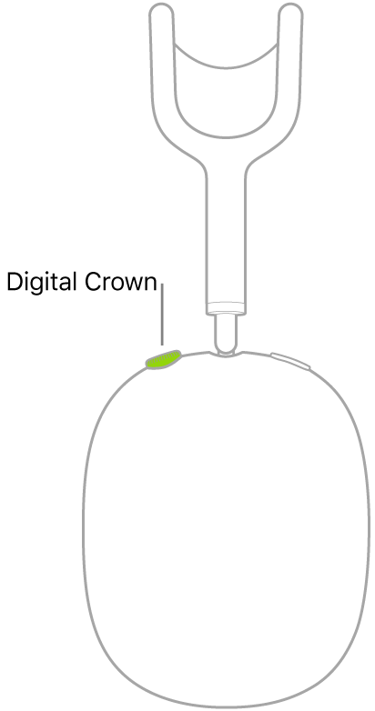 Ilustrace ukazující umístění korunky Digital Crown na pravém sluchátku AirPodů Max