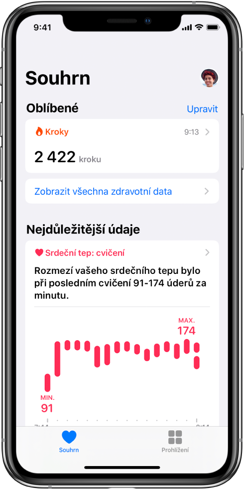Souhrnná obrazovka s kategorií Kroky mezi oblíbenými kategoriemi. V části Důležité informace se zobrazují údaje o vaší tepové frekvenci během posledního cvičení.