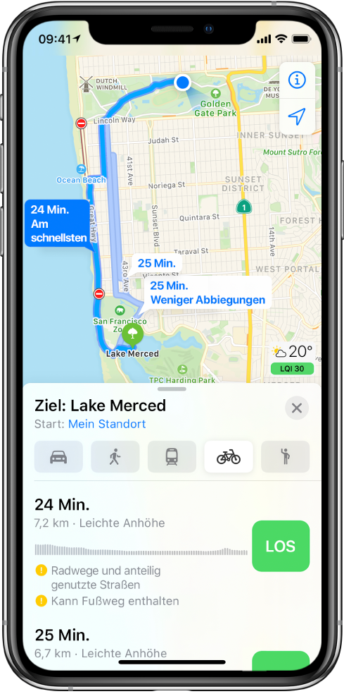 Eine Karte mit mehreren Fahrradrouten. Die Routenbeschreibung unten enthält Details zur Route wie die geschätzten Fahrtzeiten, Höhenunterschiede und Straßenarten. Neben jeder Routenoption in der Routenbeschreibung befindet sich die Taste „Los“.