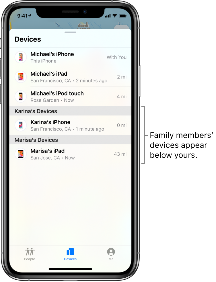 The Devices tab in Find My. Michael’s devices are at the top of the list. Below are Karina’s iPhone and Marisa’s iPad.