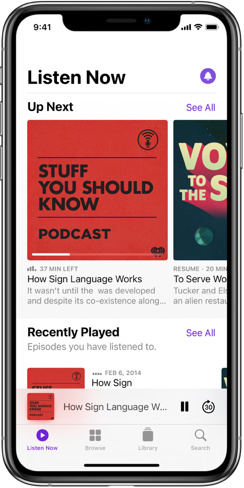 The Listen Now tab showing recently updated episodes.