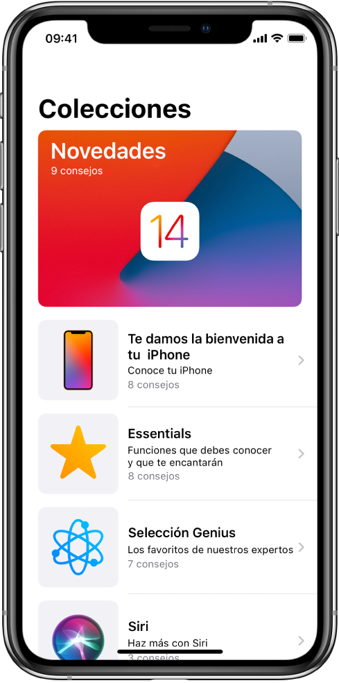 Una pantalla mostrando colecciones de Consejos con flechas que indican que puedes tocar una colección para ver consejos.