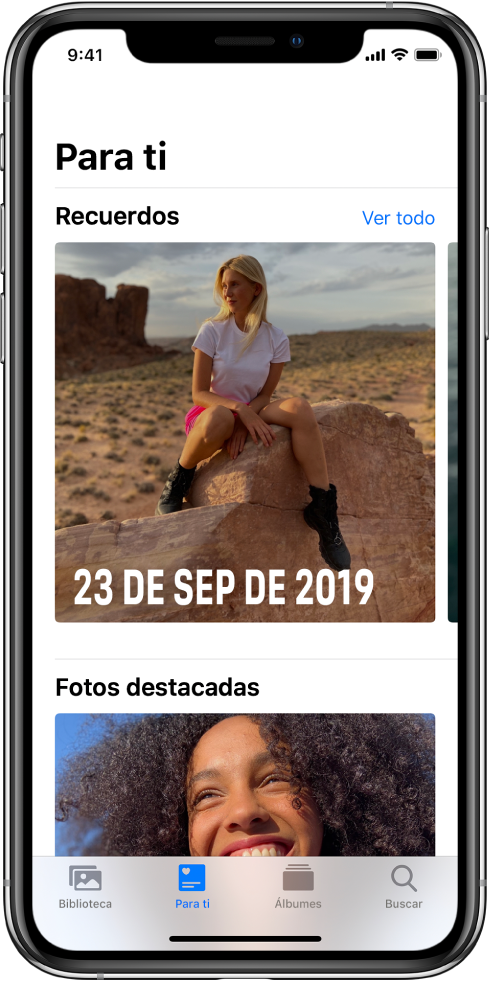 La pestaña "Para ti" mostrando un recuerdo. En la parte superior derecha de la pantalla se encuentra el botón "Ver todos", que te muestra todos tus recuerdos.