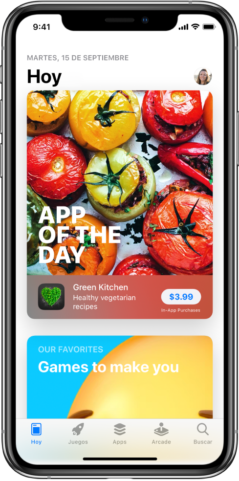 Pantalla Hoy de App Store con información sobre una app destacada. La imagen de tu perfil, que puedes pulsar para ver tus compras y gestionar tus suscripciones, está en la parte superior derecha. A lo largo del borde inferior, de izquierda a derecha, se muestran las pestañas Hoy, Juegos, Apps, Arcade y Buscar.