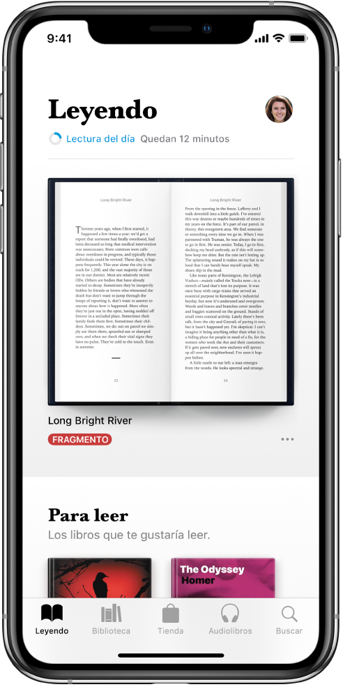 Pantalla Leyendo seleccionada en la app Libros. En la parte inferior de la pantalla, de izquierda a derecha, se muestran las pestañas Leyendo, Biblioteca, Tienda, Audiolibros y Buscar.
