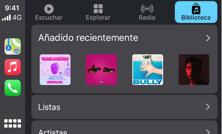 Pantalla de CarPlay con un grupo de canciones añadidas recientemente.