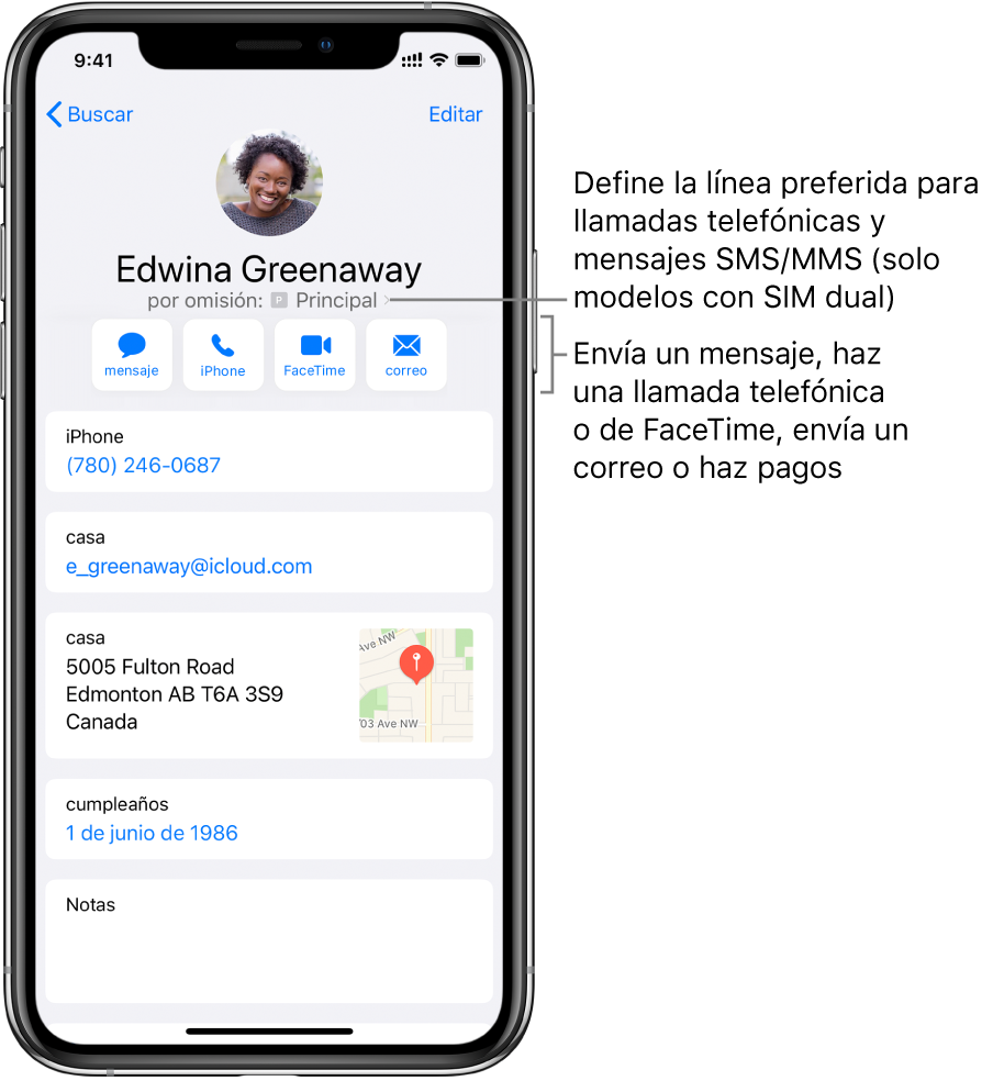 Pantalla de información de un contacto. En la parte superior, figuran el nombre y la foto del contacto. Debajo se encuentran los botones para enviar un mensaje, hacer una llamada de teléfono, hacer una llamada FaceTime, enviar un mensaje de correo electrónico y enviar dinero con Apple Pay. Debajo de los botones, está la información de contacto.