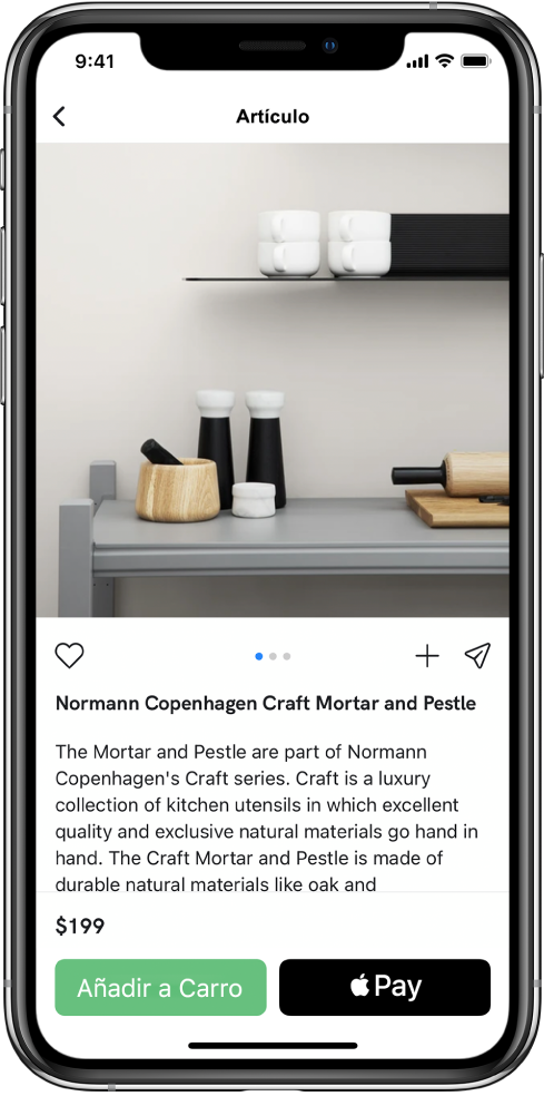 Una app con una pantalla de pago en la que se muestra el botón “Comprar con Apple Pay”.