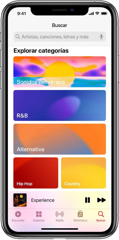Pantalla Buscar con un campo de búsqueda en la parte superior. Debajo, la sección “Explorar categorías” muestra tres categorías.