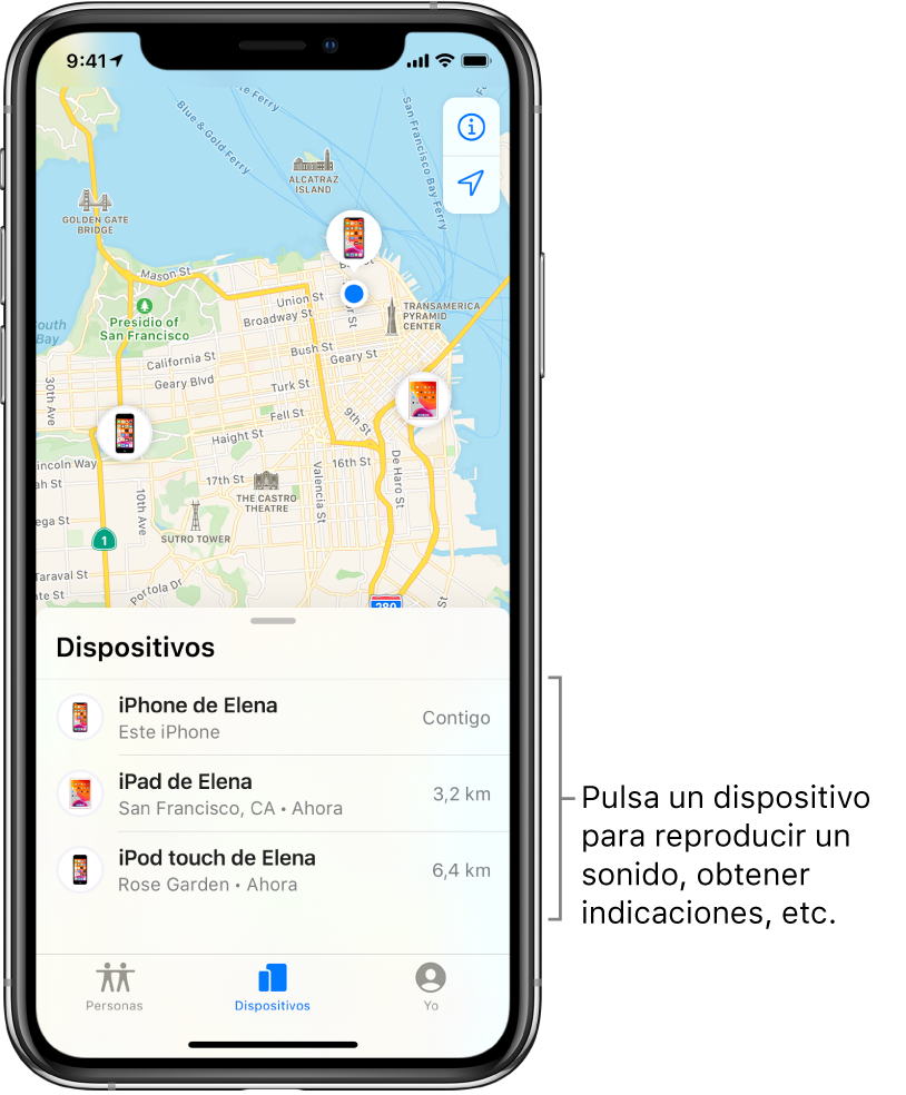 Pantalla de Buscar abierta en la pestaña Dispositivos. Hay tres dispositivos en la lista Dispositivos: iPhone de Elena, iPad de Elena y iPod touch de Elena. Sus ubicaciones se muestran en un mapa de San Francisco.