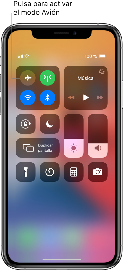 Pantalla del centro de control con un texto que explica cómo activar el modo Avión al pulsar el botón situado en la esquina superior izquierda.