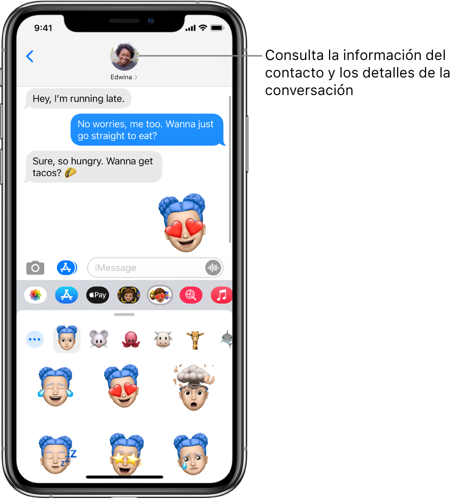 Una conversación de Mensajes. En la parte superior, de izquierda a derecha, están el botón Atrás y una foto de la persona a la que estás escribiendo. En el centro están los mensajes enviados y recibidos durante la conversación. En la parte inferior, de izquierda a derecha, están los botones de Fotos, Tiendas, Apple Pay, Memoji, imágenes de hashtag, Música y Digital Touch.