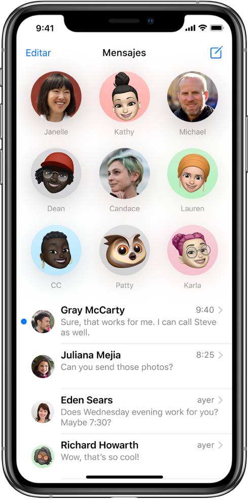 Lista de conversaciones de la app Mensajes. En la parte superior de la pantalla se muestran las imágenes de nueve contactos en círculos, lo cual indica que están fijados. Debajo está la lista de conversaciones.