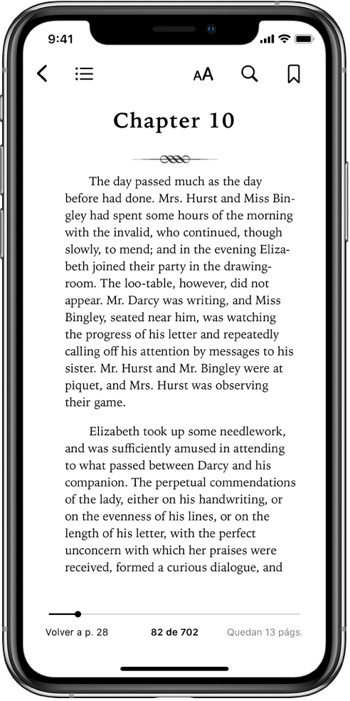 Página de un libro abierto en la app Libros. En la parte superior de la pantalla, de izquierda a derecha, se muestran botones para cerrar el libro, ver el índice, cambiar el texto, buscar y poner marcadores. Hay un regulador en la parte inferior de la pantalla.