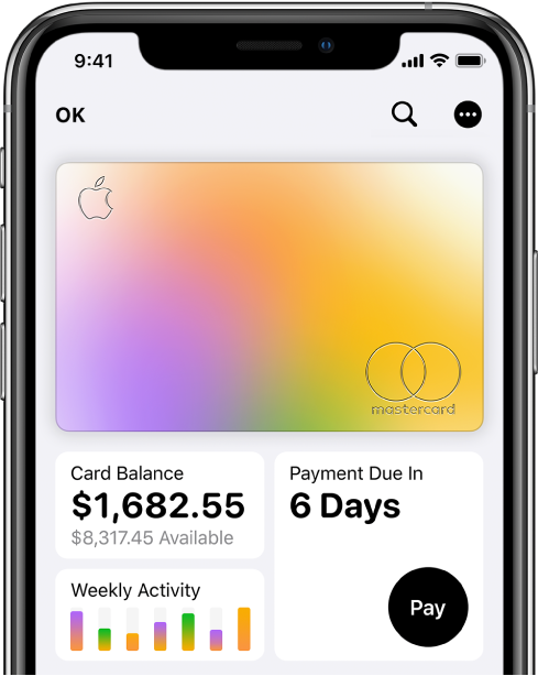 Apple Card en Wallet, con el botón Más en la parte superior derecha, el saldo total y la actividad semanal en la parte inferior izquierda y el botón Pagar abajo a la derecha.