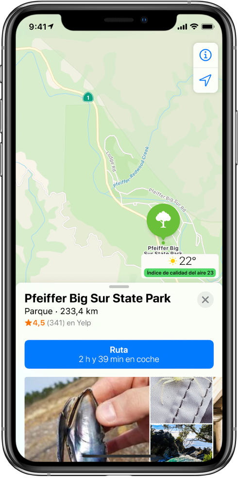 Mapa que muestra la ubicación de un parque. La tarjeta de información en la parte inferior de la pantalla incluye un botón para obtener indicaciones.