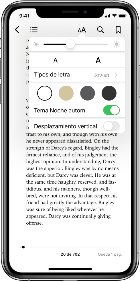 Menú de aspecto con los controles (de arriba a abajo) de brillo, tamaño de letra, estilo de letra, color de página, tema noche automático y desplazamiento.