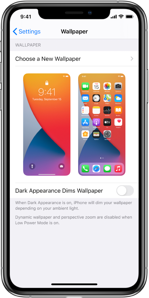 Wallpaper Settings-kuva, kus ülal asub nupp uue taustapildi valimiseks ning Lock Screen-kuva ning Home Screen-kuva pildid aktiivse taustapildiga.