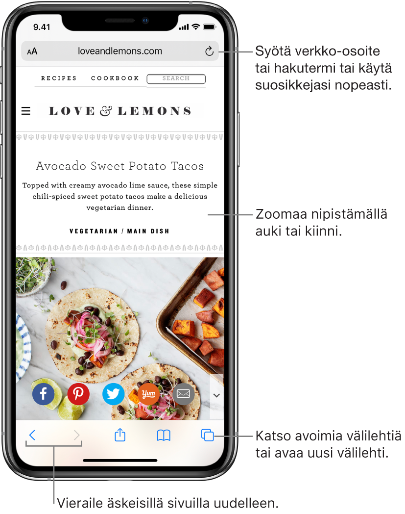 Verkkosivusto avoinna Safarissa, osoitekenttä ylimpänä. Alhaalla vasemmalta oikealle ovat painikkeet Edellinen, Seuraava, Jaa, Kirjanmerkit ja Sivut.