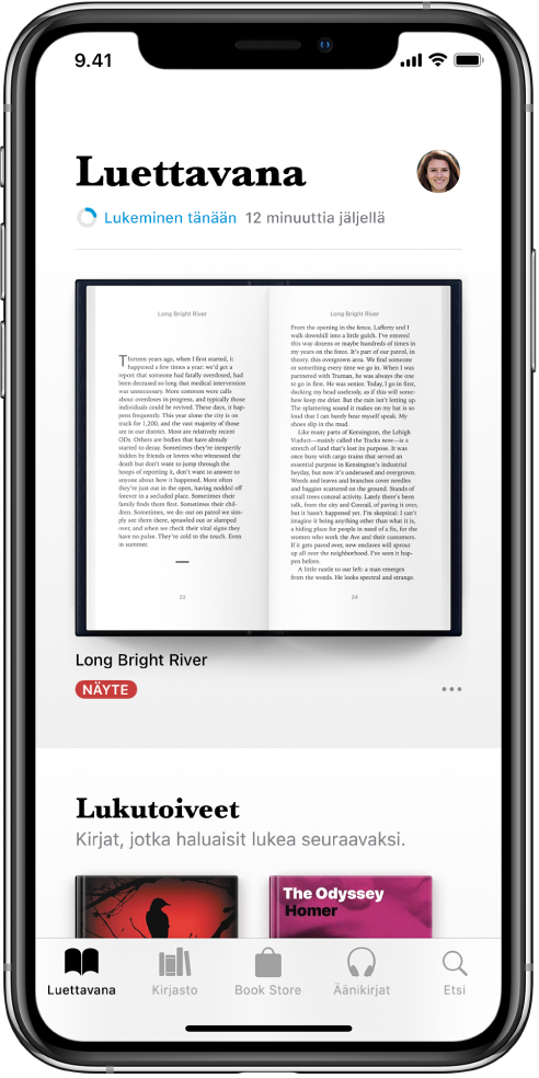 Luettavana-välilehti Kirjat-apissa. Näytön alareunassa vasemmalta oikealle ovat seuraavat välilehdet: Luettavana, Kirjasto, Book Store, Äänikirjat ja Haku.