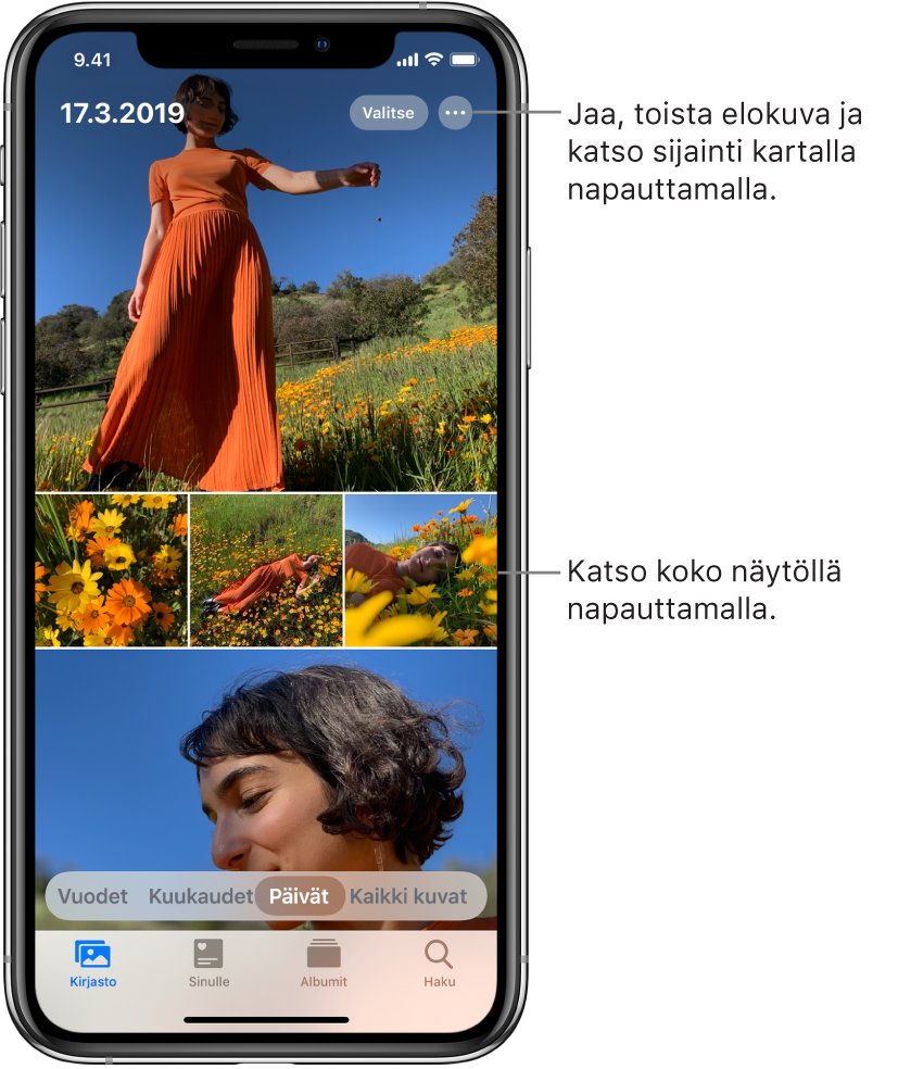 Kuvakirjasto näkyy Päivät-näkymässä. Valikoima kuvien miniatyyrejä täyttää näytön. Näytön vasemmassa yläkulmassa näkyvät kuvien päivämäärä ja kuvauspaikka. Oikeassa yläkulmassa ovat Valitse- ja Lisävalinnat-painikkeet kuvien jakamiseen ja lisätietojen katsomiseen. Miniatyyrien alapuolella ovat valinnat, joilla kuvakirjastoa voidaan katsoa Vuodet-, Kuukaudet-, Päivät- ja Kaikki kuvat -näkymissä. Alareunassa ovat Kirjasto-, Sinulle-, Albumit- ja Haku-välilehdet.