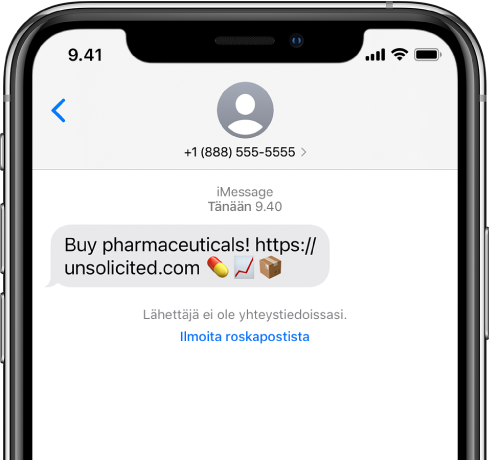 iMessage-keskustelu, jossa on roskapostiviesti ja sen alla Ilmoita roskapostista ‑painike.