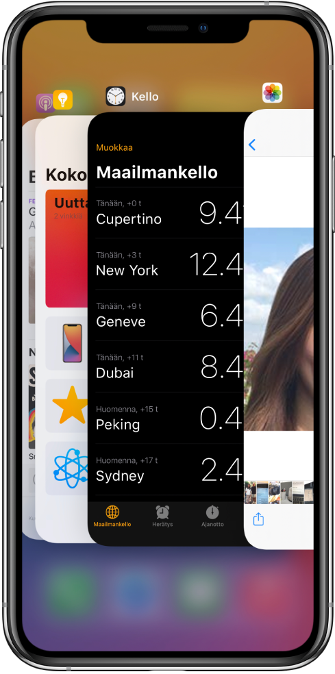 Apinvaihtaja. Avoimien appien kuvakkeet näkyvät ylhäällä, ja jokaisen apin kuvakkeen alla näkyy sen nykyinen näkymä.