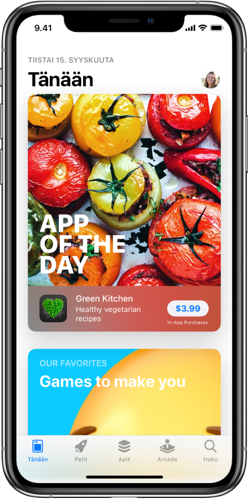 App Storen Tänään-näytöllä näkyy esittelyssä oleva appi. Yläoikealla on profiilikuvasi, jota napauttamalla voit katsella ostoksia ja hallita tilauksia. Alareunassa vasemmalta oikealle ovat Tänään-, Pelit-, Apit-, Arcade, ja Haku-välilehdet.