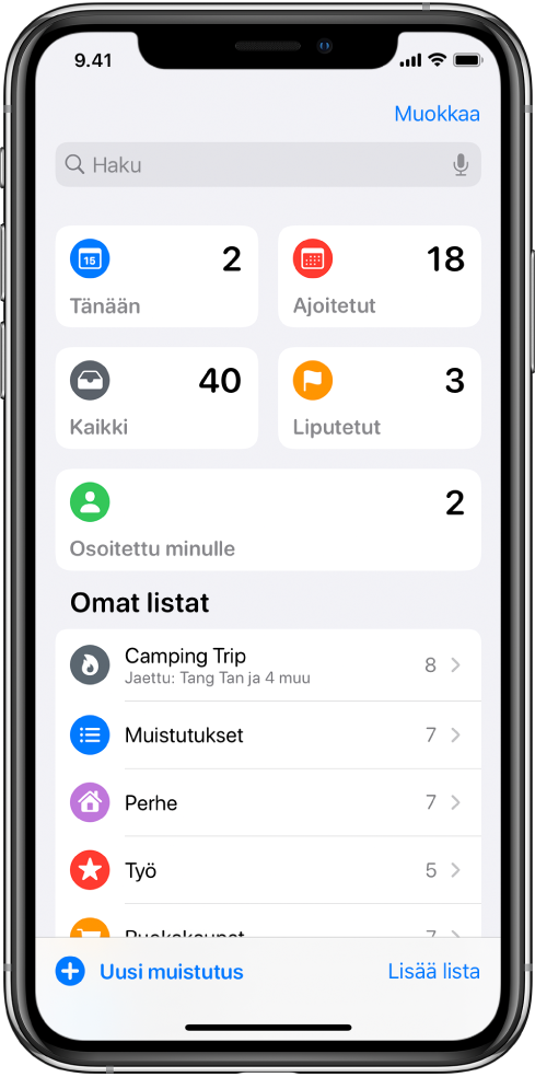 Näyttö, jossa näkyy useita luetteloita Muistutukset-apissa. Ylhäällä näkyvät älykkäät luettelot muistutuksista, joiden määräpäivä on tänään, ajoitetuista muistutuksista ja liputetuista muistutuksista. Lisää luettelo -painike näkyy alaoikealla.