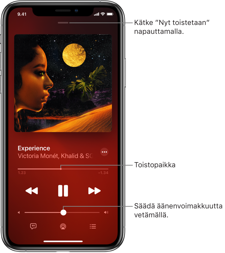 Toistossa nyt -näkymä, jossa näkyy albumin kuvitus. Sen alapuolella näkyvät kappaleen nimi, artistin nimi, Lisää-painike, toistopaikka, toistosäätimet, äänenvoimakkuuden liukusäädin, Sanat-painike, Toistolaite-painike ja Jono-painike. Kätke toistossa nyt ‑painike on ylhäällä.