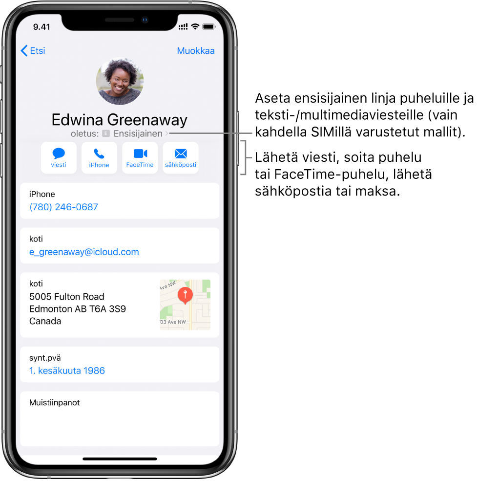 Yhteystiedon tietonäyttö. Yläreunassa on yhteystiedon kuva ja nimi. Alla ovat painikkeet viestin lähettämiselle, puhelun soittamiselle, FaceTime-puhelun soittamiselle, sähköpostiviestin lähettämiselle ja rahan lähettämiselle Apple Paylla. Painikkeiden alla on yhteystiedot.