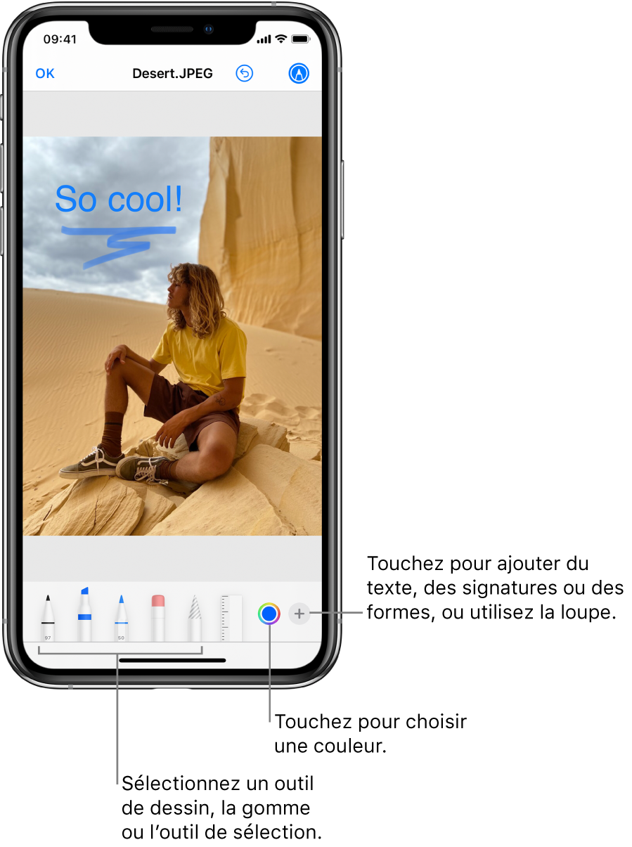 Image en cours de modification avec Annoter. Sous l’image, de gauche à droite, se trouvent les boutons permettant d’utiliser les outils d’annotation : des stylos pour dessiner, une gomme, un outil de sélection, des couleurs et des boutons permettant d’ajouter une zone de texte, votre signature et des formes, puis un autre pour sélectionner la loupe.