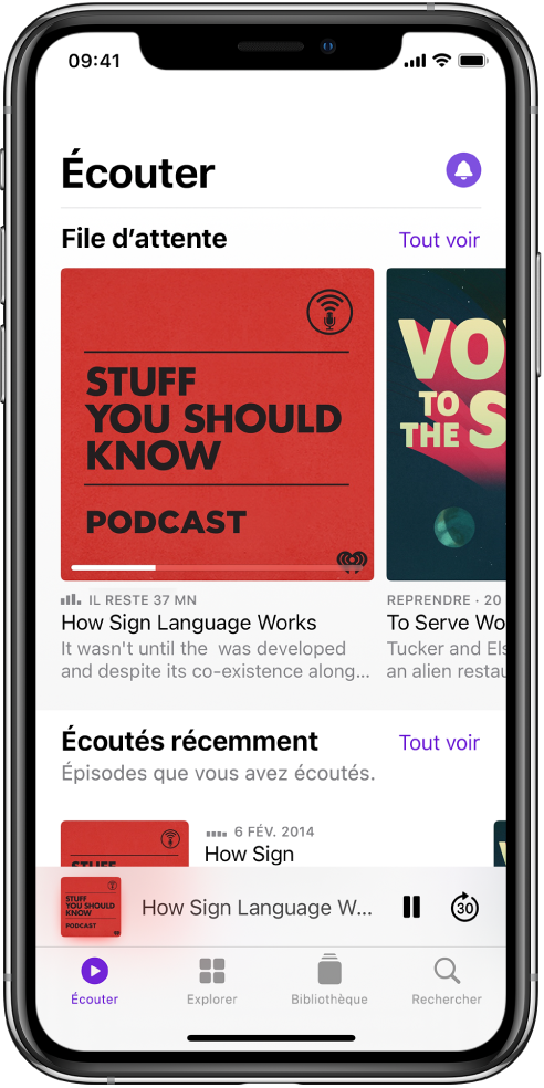 L’onglet Écouter affichant les podcasts récemment mis à jour.