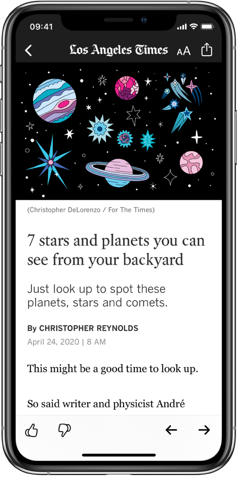 Un écran affichant un article. En haut se trouvent les boutons Back, « Resize Text » et Share. Le nom du média est également affiché en haut de l’écran. Une grande image et un titre sont affichés sous les boutons. En bas de l’écran se trouvent les boutons « Suggest More », « Suggest Less », Previous et Next.
