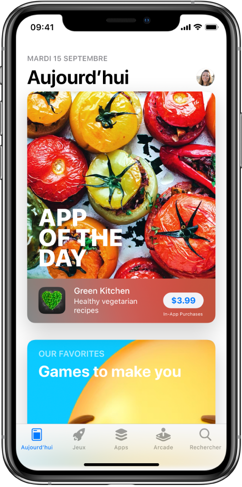 Écran Aujourd’hui de l’App Store montrant une app recommandée. Votre photo de profil, que vous touchez pour afficher les achats et gérer les abonnements, se trouve en haut à droite. En bas de l’écran, de gauche à droite, se trouvent les onglets Aujourd’hui, Jeux, Apps, Arcade et Rechercher.