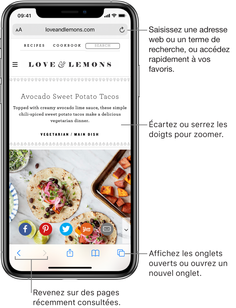 Un site web ouvert dans Safari, avec le champ d’adresse en haut. En bas, de gauche à droite, se trouvent les boutons Précédent, Suivant, Partager, Signets et Pages.