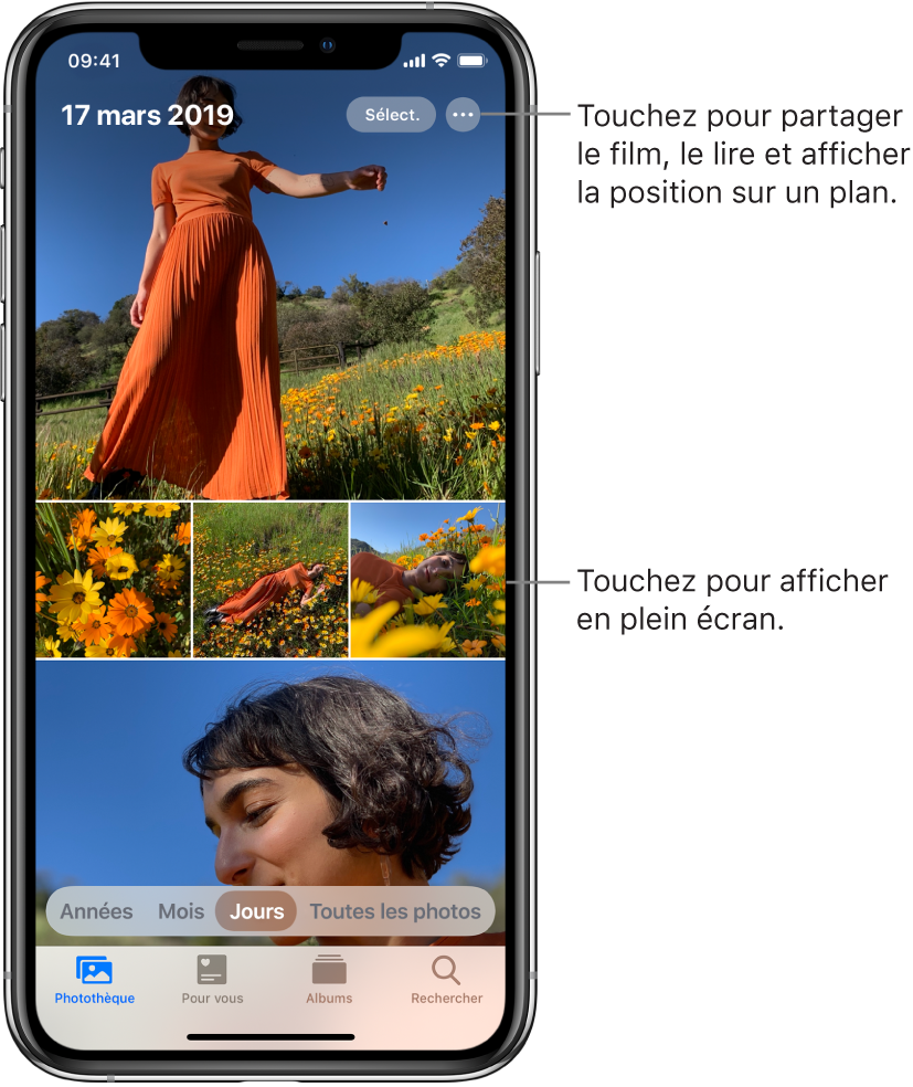 La présentation Jours de la photothèque est affichée. Une sélection de vignettes de photos remplit l’écran. En haut à gauche de l’écran se trouvent la date et l’emplacement des photos prises. En haut à droite se trouvent les boutons Sélectionner et « Plus d’options » pour partager les photos et afficher les détails. Sous les vignettes se trouvent des options de présentation de la photothèque : Années, Mois, Jours et « Toutes les photos ». En bas se trouvent les onglets Photothèque, « Pour vous », Albums et Rechercher.