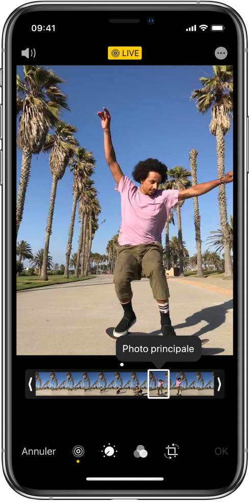 Un écran Live Photo avec la Live Photo au centre. Le bouton Live se trouve en haut au milieu, et le bouton Son en haut à gauche. Le visualiseur d’image se trouve sous la Live Photo avec le bouton Photo principale actif. Des deux côtés du visualiseur d’image se trouvent deux barres vous permettant de raccourcir la Live Photo.
