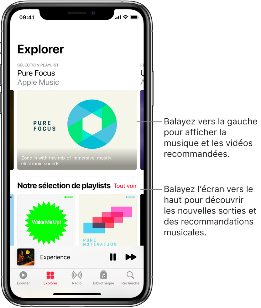 L’écran Parcourir présentant des recommandations musicales en haut. Vous pouvez balayer vers la gauche pour afficher davantage de recommandations musicales et vidéos. Une section « Nos choix de playlists » s’affiche en dessous, avec deux stations Apple Music. Un bouton « Tout voir » est affiché à droite « À écouter ». Vous pouvez balayer l’écran vers le haut pour découvrir de nouvelles musiques et des musiques recommandées.