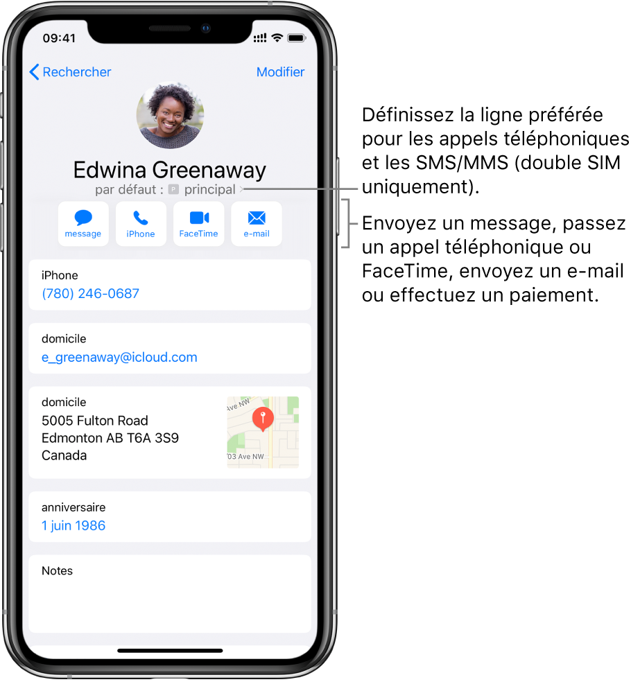 L’écran Infos pour un contact. Le nom et la photo du contact se trouvent en haut. En dessous se trouvent les boutons pour envoyer un message, passer un appel, passer un appel FaceTime, envoyer un message par e-mail et envoyer de l’argent via Apple Pay. Sous les boutons se trouvent les coordonnées du contact.