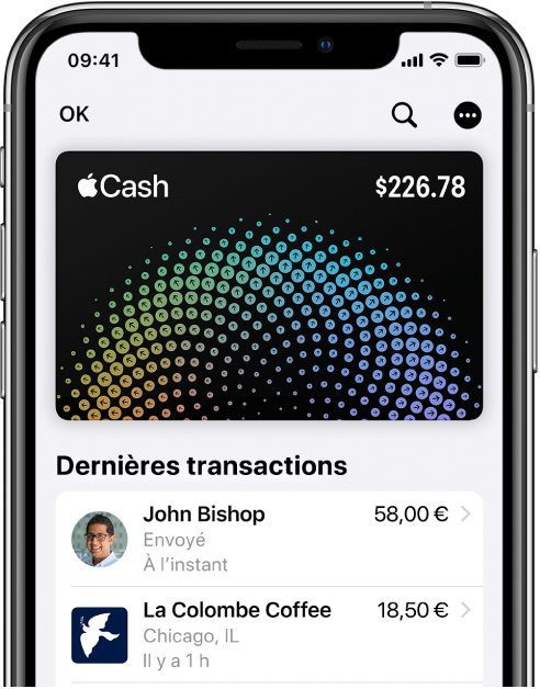 La carte Apple Cash dans Wallet affichant le bouton Plus en haut à droite les dernières transactions qui figurent sous la carte.