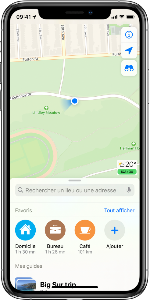 Plan montrant la position actuelle dans un parc urbain.