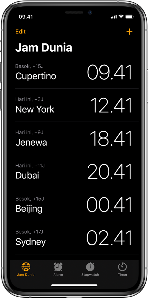 Tab Jam Dunia, menampilkan waktu di berbagai kota. Ketuk Edit di pojok kiri atas untuk mengatur jam. Ketuk tombol Tambah di kanan atas untuk menambahkan lainnya. Tombol Jam Dunia, Alarm, Stopwatch, dan Timer terletak di bagian bawah.