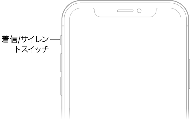 iPhoneの前面の上部。着信/サイレントスイッチが示されています。