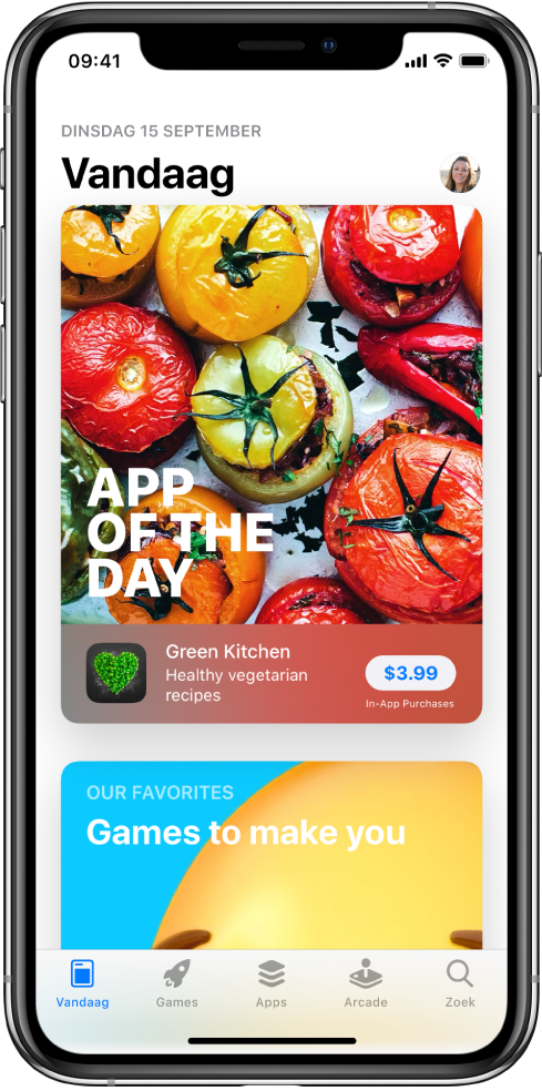 Het Vandaag-scherm in de App Store met een uitgelichte app. Rechtsbovenin staat je profielfoto. Hier tik je op om je aankopen te bekijken en je abonnementen te beheren. Onder in het scherm staan van links naar rechts de tabbladen 'Vandaag', 'Games', 'Apps', 'Arcade' en 'Zoek'.