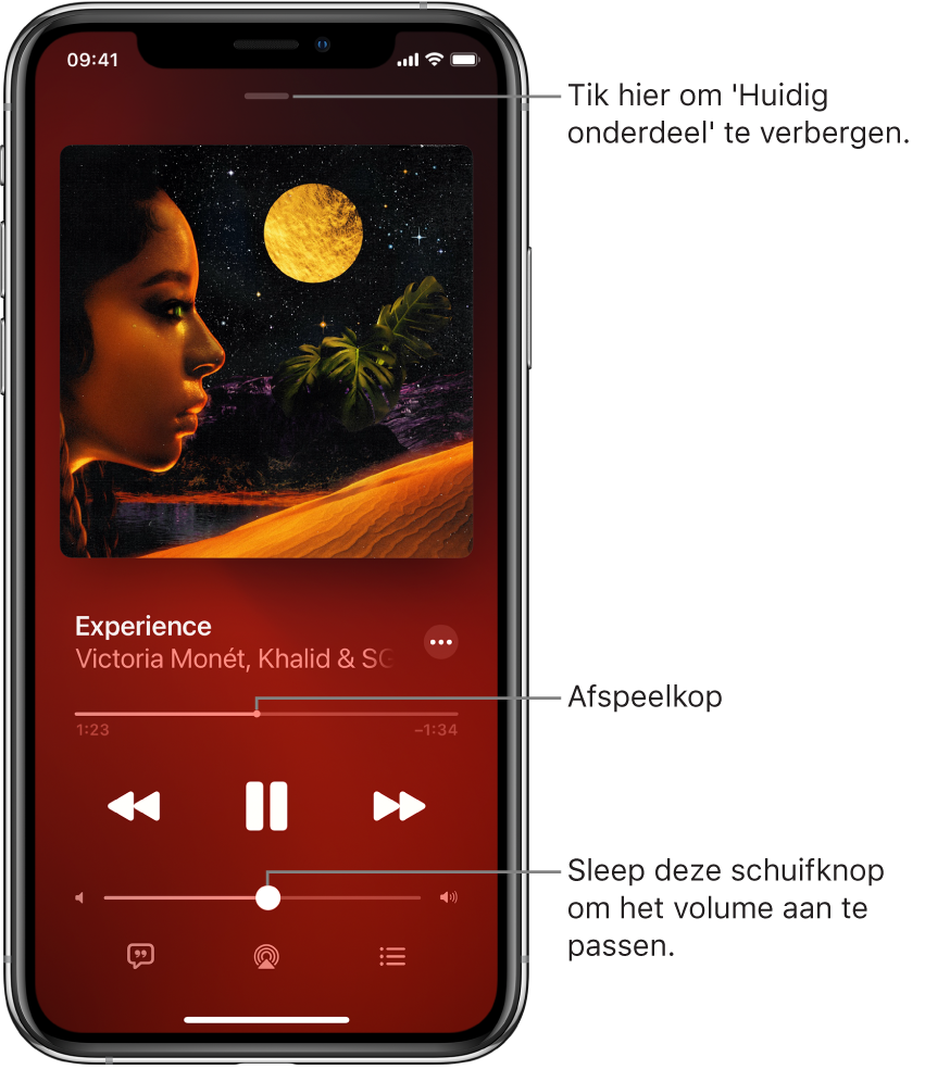 Het scherm 'Huidig onderdeel' met de albumillustratie. Hieronder zie je de titel van het nummer, de artiest, de knop 'Meer', de afspeelkop, afspeelregelaars, de volumeschuifknop, de songtekstknop, de afspeelbestemmingsknop en de wachtrijknop. De knop voor het verbergen van het huidige onderdeel bevindt zich bovenin.