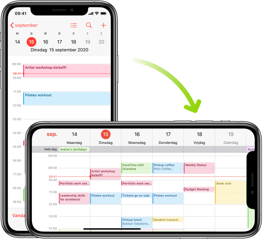 Op de achtergrond zie je een iPhone in de staande schermstand, met daarop Agenda met de activiteiten voor één dag. Op de voorgrond zie je de iPhone in de liggende schermstand en zijn de Agenda-activiteiten voor de hele week met diezelfde dag te zien.