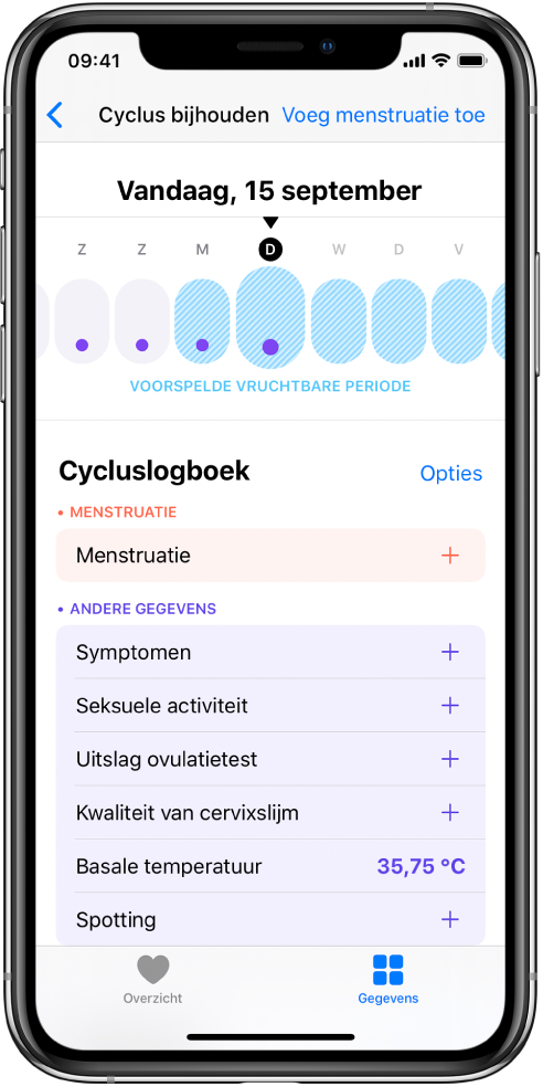 Het scherm 'Cyclus bijhouden' met de tijdbalk voor een week boven in het scherm. Paarse stippen geven de eerste vier dagen op de tijdbalk aan; de laatste vijf dagen zijn lichtblauw. Onder de tijdbalk zie je opties voor het toevoegen van gegevens over onder andere je menstruatie en symptomen.