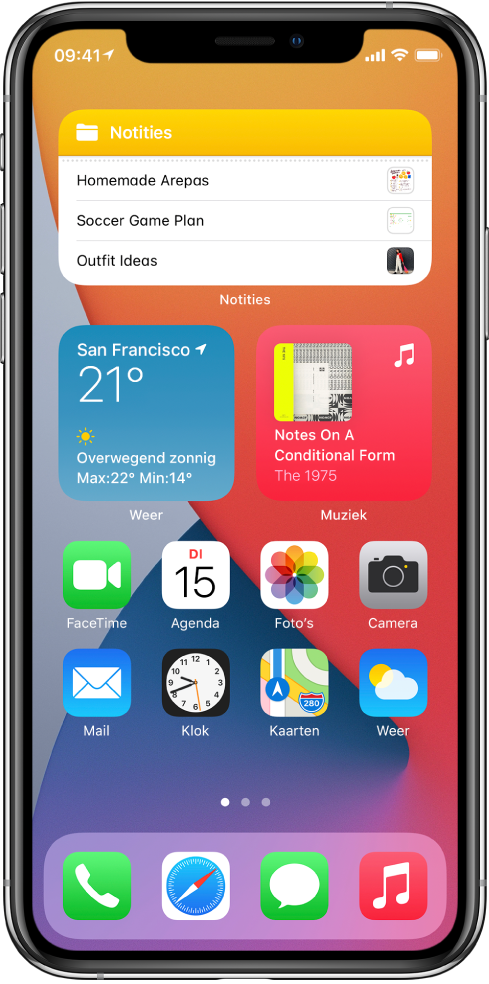 Het iPhone-beginscherm. In de bovenste helft van het scherm zijn de widgets 'Notities', 'Weer' en 'Muziek' te zien. In de onderste helft van het scherm staan apps.